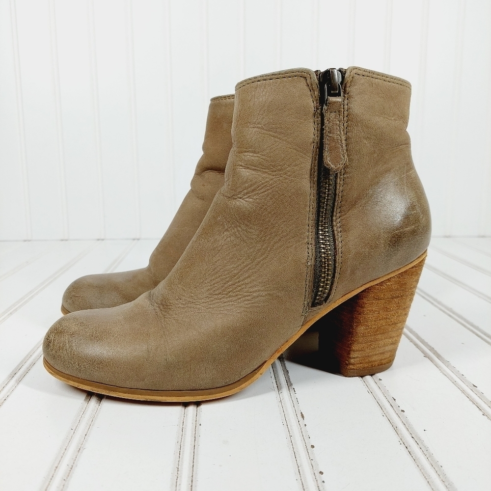 Trolley Brown Tan Leather Side Zippers Block Heel Ankle Boots H933